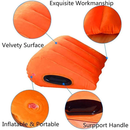 Inflatable orange erotic wedge pillow with velvety surface and support handle.