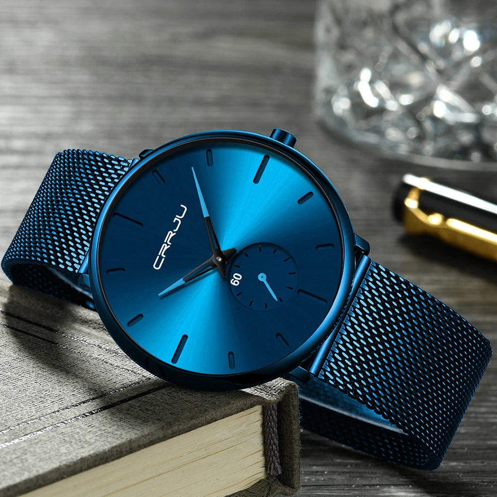 CRRJU New Watches Mens 2019 Man Fashion Simple Stainless Steel Blue Thin Watch For Men Luxury Casual Waterproof Quartz Clock Good Vibrations