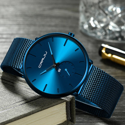 CRRJU New Watches Mens 2019 Man Fashion Simple Stainless Steel Blue Thin Watch For Men Luxury Casual Waterproof Quartz Clock Good Vibrations