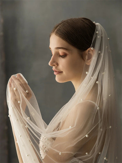 Pearls White Ivory Long Bridal Veil With Comb One Layer Cathedral Wedding Veil With Pearls Velos De Noiva Crystal Beads 75-300cm Good Vibrations
