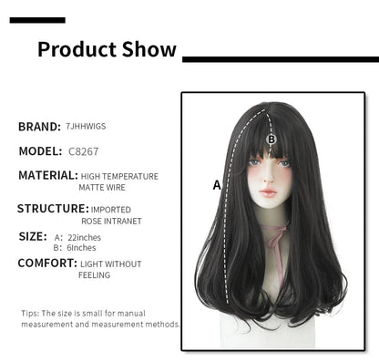7JHHWIGS Long Wavy Synthetic Black Wigs For Women With Fringe Fashion Heat Resistant Mid-Length Daily Straight Light Brown Hair Good Vibrations