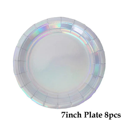 Rose Gold Disposable Tableware sets Paper Plates/cups/straws Iridescent Wedding Birthday Party Decor rainbow Dish Party Supplies Good Vibrations
