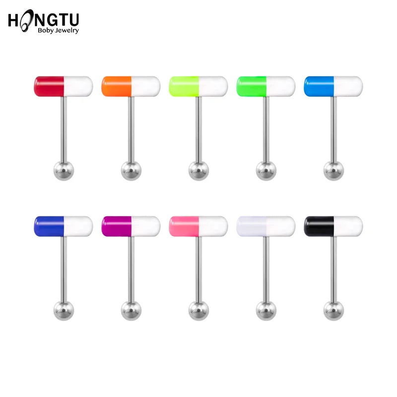 1-10 Pieces Colorful Capsule Tongue Rings Acrylic Pill Tongue Piercing Jewelry Women Surgical Steel Tongue Ring Bars Barbell 14G Good Vibrations
