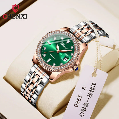 CHENXI Women Watch 385 Fashion Luxury Green Rhinestone Dial Stainless Steel Diamond Quartz Watches for Lady Dress Bracelet Gift Good Vibrations