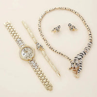 Popular Leopard Ladies Wristwatch 4PCS/SET Present Set Female's Necklace Bracelets Earring Women's Watch Gift Set Good Vibrations