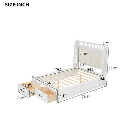 White Upholstered Wood Platform Bed with Headboard and 2 Drawers Good Vibrations