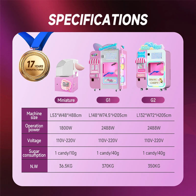 JoyFunplay Manufacture Customized Coin Cash Full Automatic Cotton Candy Vending Machine Floss Flower Candy Machine Good Vibrations