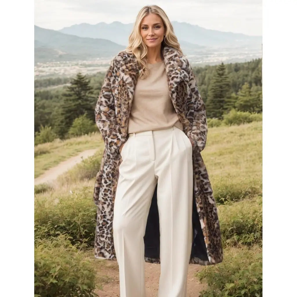 Women's Sexy Mink Faux Fur Overcoat with Long Cheetah Print Thicken Pocketed Dressy Jacket for Banquets and Outings Good Vibrations