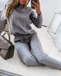 2023 Fashion New Two-piece Set High-necked Long-sleeved Tops Pocket Pants Casual Autumn Winter Sweater Women's Trousers Suit Good Vibrations