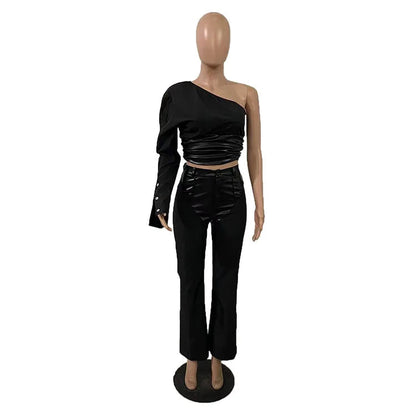 Street Fashion Motorcycle Style One Shoulder Shirt and Leather Pants Two Piece Set Sexy Club Women Outfits Good Vibrations