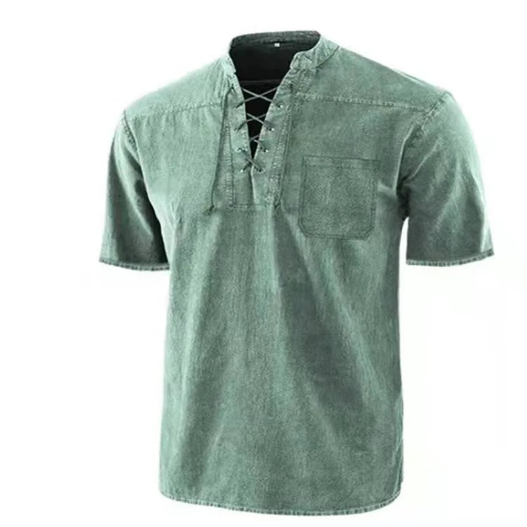 Men's Pirate Shirt Steampunk Retro Lace-Up Shirt Medieval T-Shirts Casual Tunic Tops Tee Gothic Halloween Costume Good Vibrations