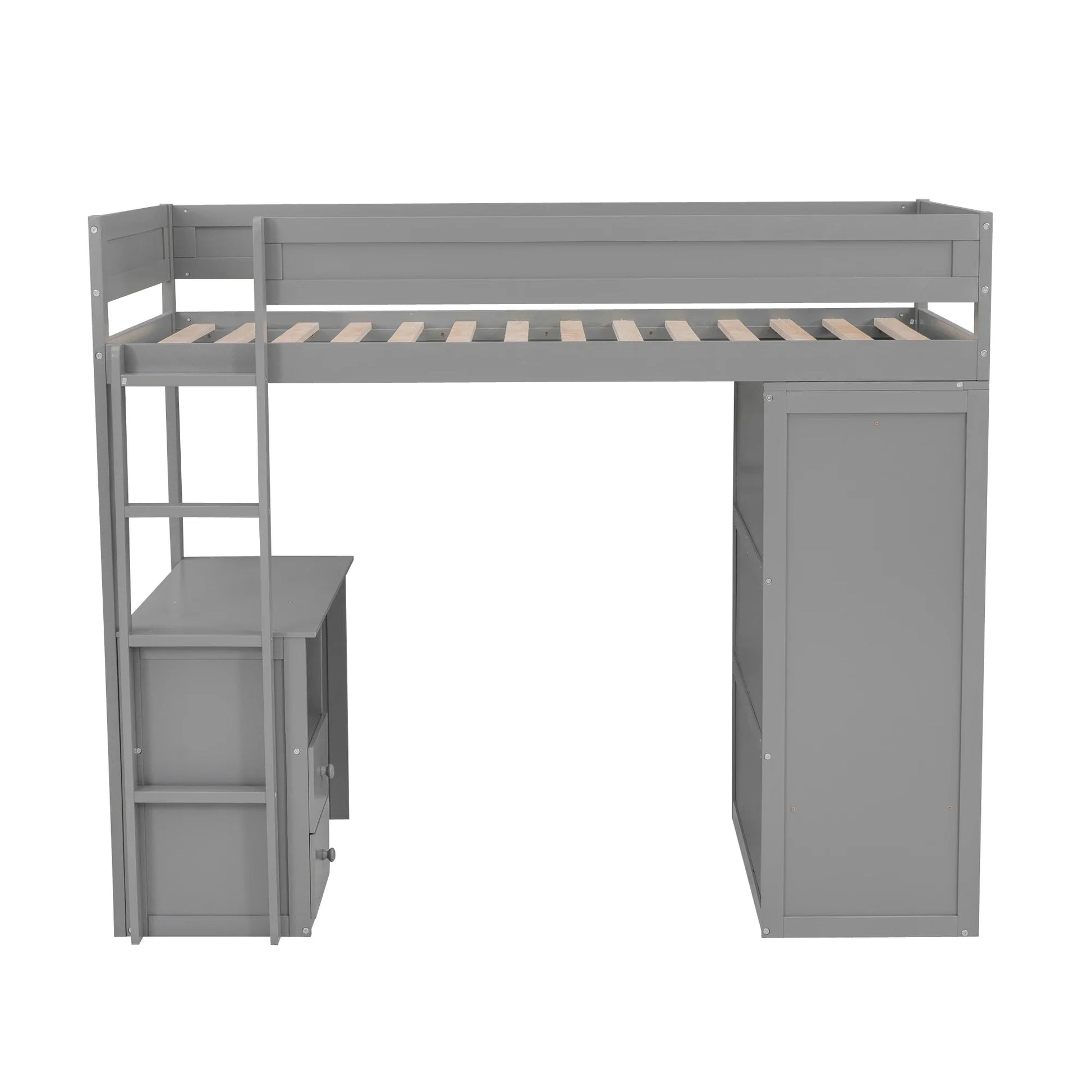 Wood Twin Size Loft Bed With Wardrobes and 2-Drawer Desk With Cabinet in Gray Color Good Vibrations