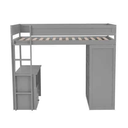 Wood Twin Size Loft Bed With Wardrobes and 2-Drawer Desk With Cabinet in Gray Color Good Vibrations