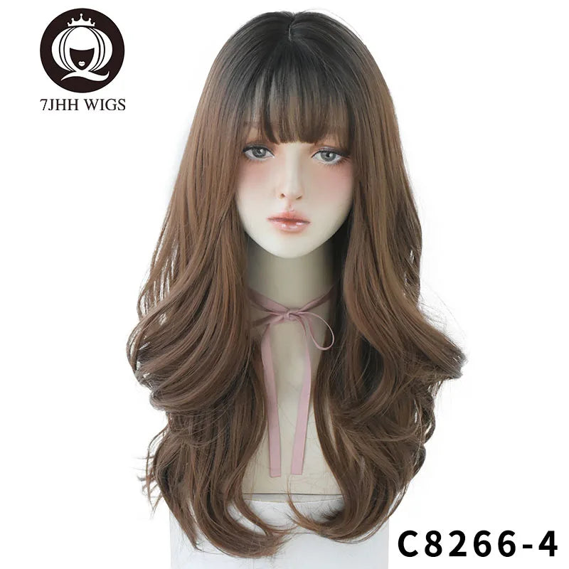 7JHHWIGS Long Wavy Synthetic Black Wigs For Women With Fringe Fashion Heat Resistant Mid-Length Daily Straight Light Brown Hair Good Vibrations