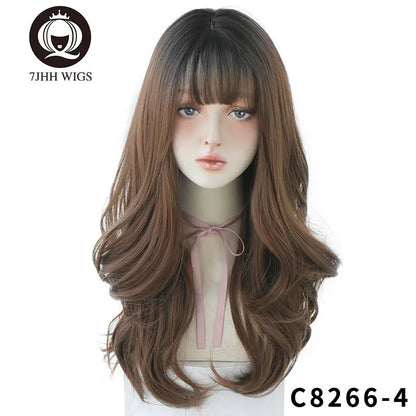 7JHHWIGS Long Wavy Synthetic Black Wigs For Women With Fringe Fashion Heat Resistant Mid-Length Daily Straight Light Brown Hair Good Vibrations
