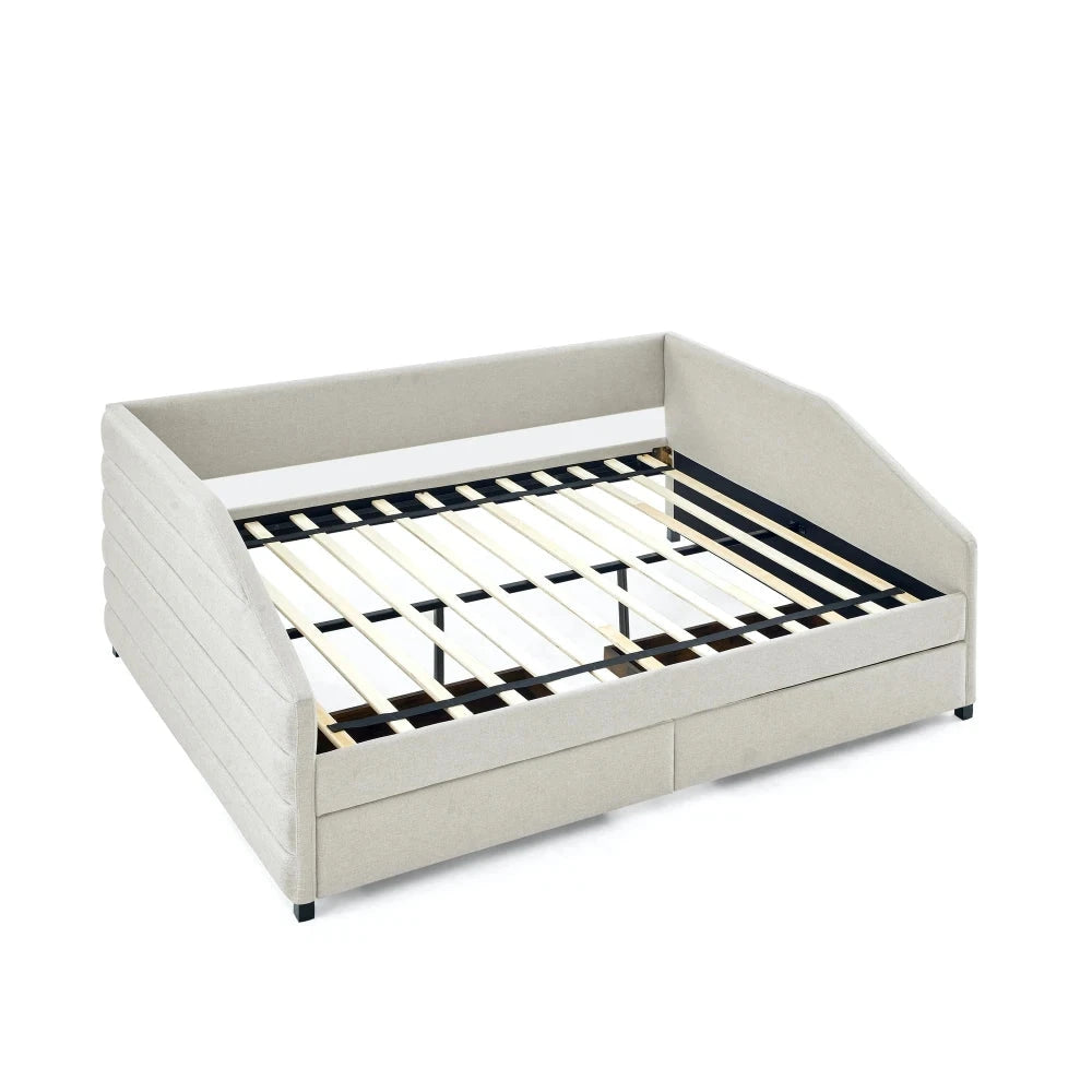 Queen Size Daybed with Two Drawers Trundle Upholstered Tufted Sofa Bed Linen Fabric Living Room Furniture Good Vibrations
