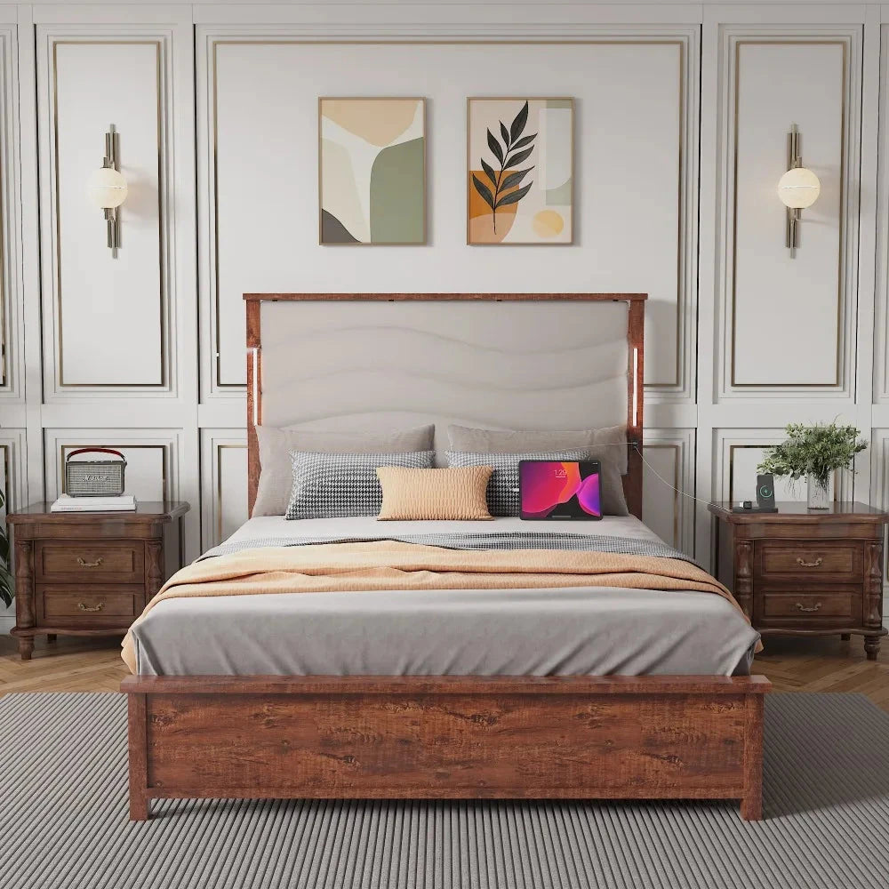 Queen Size Bed Frame with Upholstered Headboard, Charging Station & LED Lights, Wood Slats, Beige Linen,Easy Assembly Good Vibrations