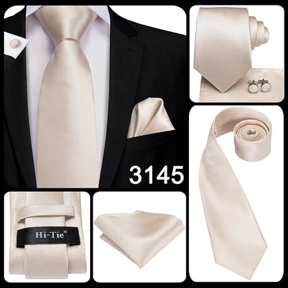 Men's Ties White Sliver Hanky Cufflinks Set Silk Neck ties For Men Wedding Party Business Mens Tie 2022 New Fashion Brand Hi-Tie Good Vibrations