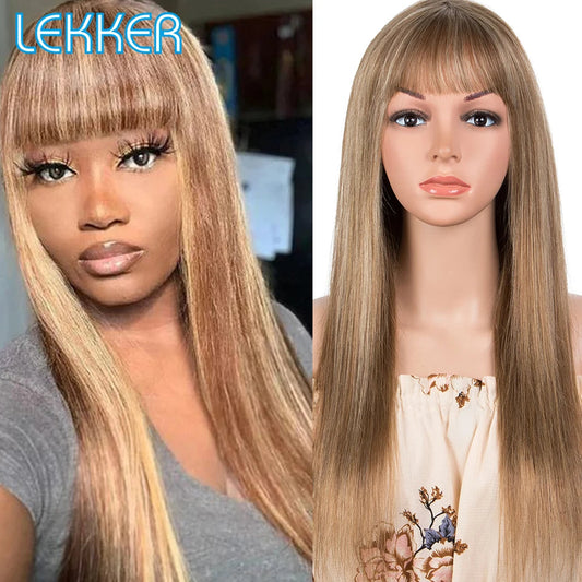 Lekker Highlight Brown Blonde 613 Straight Human Hair Wig With Air Bangs For Women Brazilian Remy Hair Colored Glueless Wigs Good Vibrations