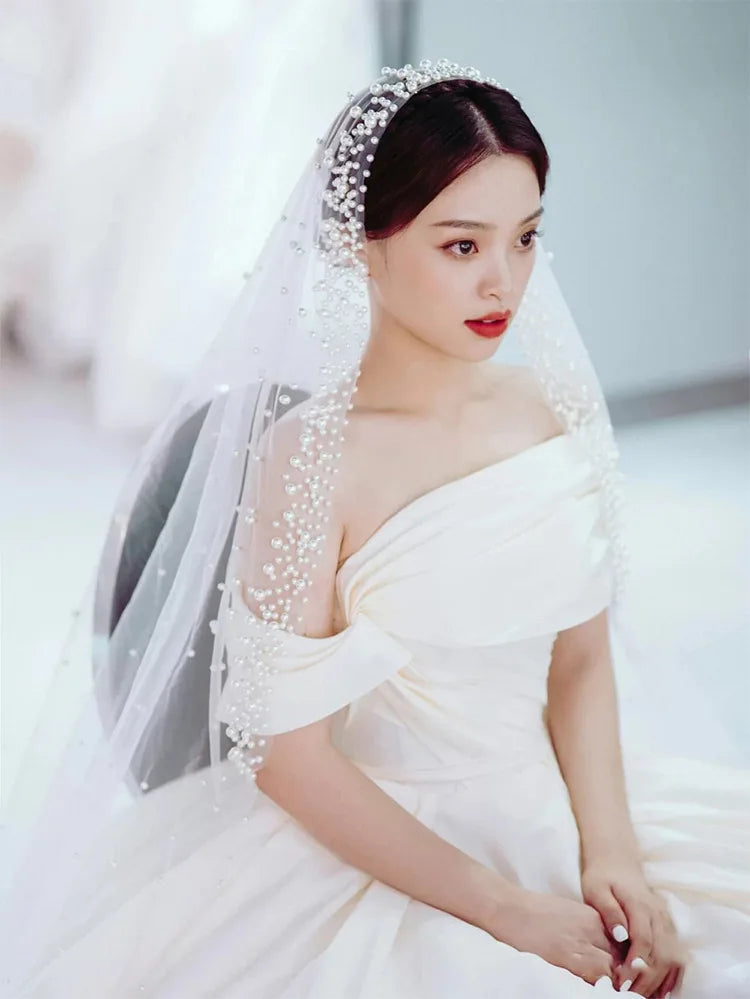 Bridal Pearl Wedding Veil Cape Lace Wedding Veil for Bride Beaded Edge Bridal Veil Good Vibrations