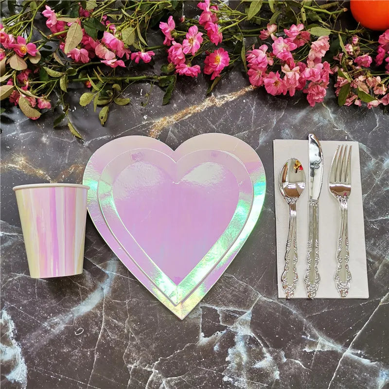 Rose Gold Disposable Tableware sets Paper Plates/cups/straws Iridescent Wedding Birthday Party Decor rainbow Dish Party Supplies Good Vibrations
