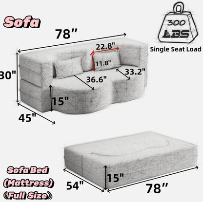 Modern One-Seater Teddy Fabric Foam-Filled Sofa Bed Convertible 15" Full Size Folding Mattress for Apartment Living Guest Use Good Vibrations