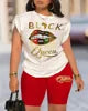 Two Piece Sets Women Outfits Summer Fashion Printed Round Neck Short Sleeved Top & Casual Skinny Shorts Set Streetwear Good Vibrations