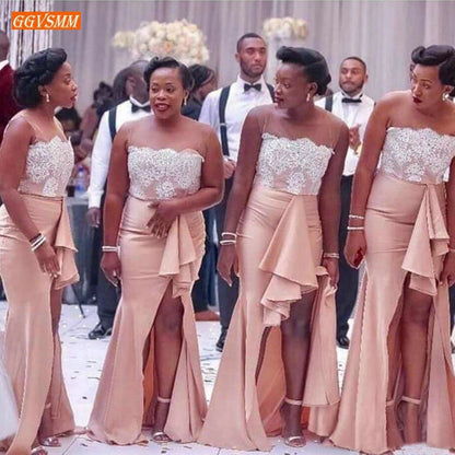 DB027 Fashion Mermaid Bridesmaid Dresses Ivory Lace Applique Elastic Satin Side Slit Maid of Honor Gowns Long Wedding Guest Good Vibrations