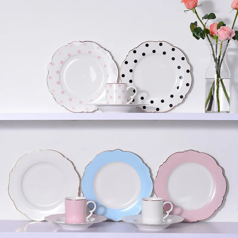 Creative  Ceramic Plate Pink Wave Point Simple Flat Plate Western Steak Plate Girl Heart Set  Irregular Golden Girl Good Vibrations