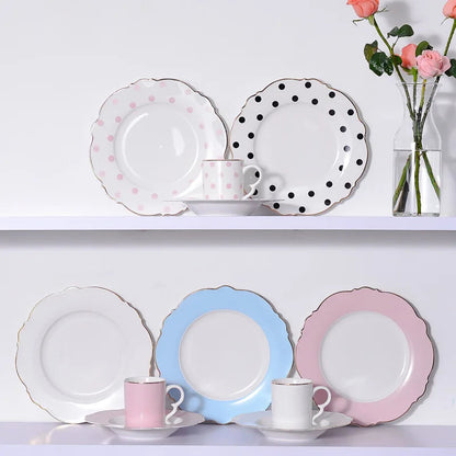 Creative  Ceramic Plate Pink Wave Point Simple Flat Plate Western Steak Plate Girl Heart Set  Irregular Golden Girl Good Vibrations