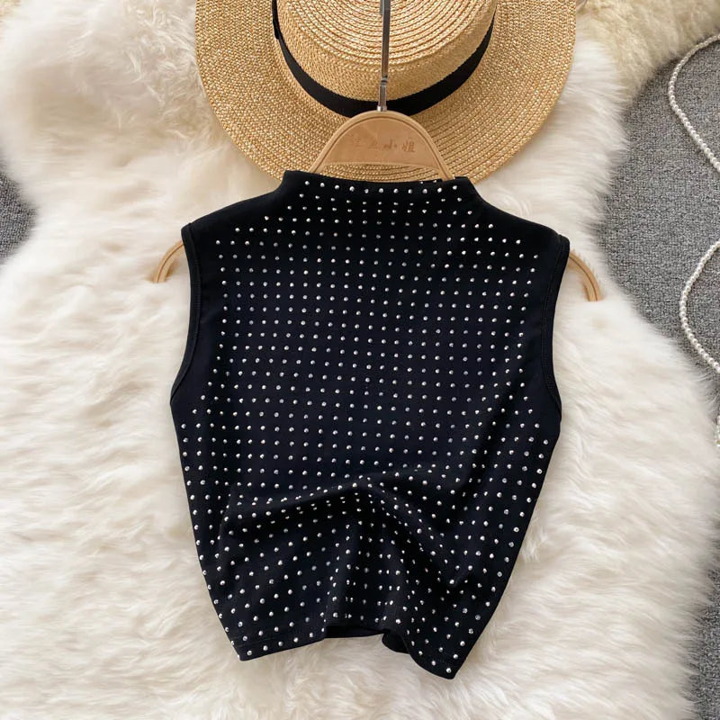 Summer Crop Top Vest Sexy Slit Diamond 2 Piece Two Piece Skirt Sets Women Outfits Good Vibrations