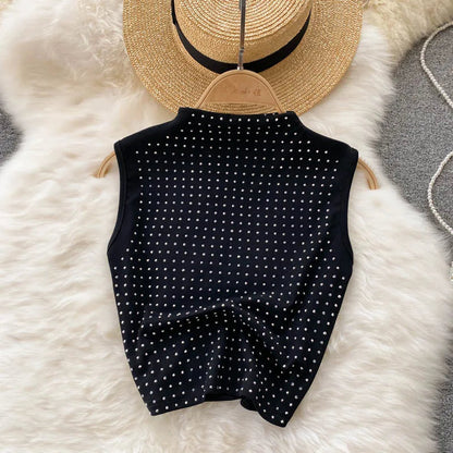 Summer Crop Top Vest Sexy Slit Diamond 2 Piece Two Piece Skirt Sets Women Outfits Good Vibrations