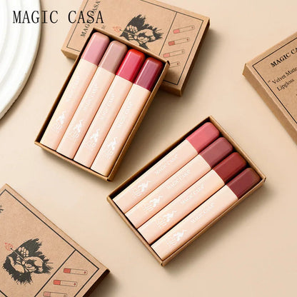 MAGIC CASA 4-Piece Matchstick Lip Gloss Gift Box Set Beauty Matte Lipstick Waterproof Non-Stick Cup Vegan Lip Glaze Good Vibrations