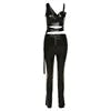 WY7658 New Arrivals Pu Leather Bandage Tops Flare Pant Set Women Outfits Two Piece Pant Set Good Vibrations