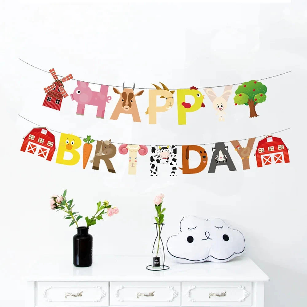 Farm theme happy birthday lettering banner pull flag children's day baby shower decoration barn windmill animal Good Vibrations