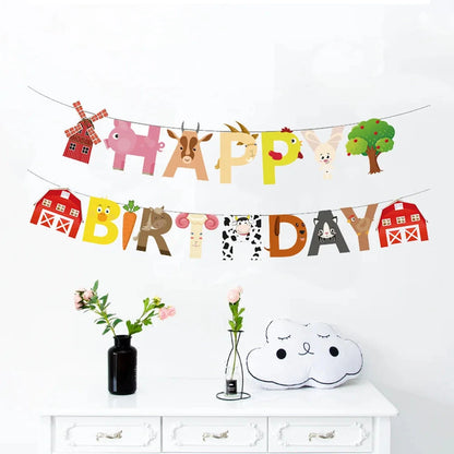 Farm theme happy birthday lettering banner pull flag children's day baby shower decoration barn windmill animal Good Vibrations