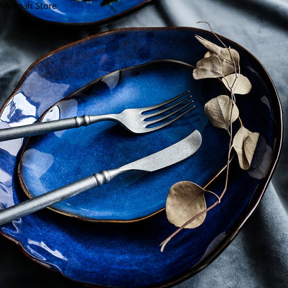 Household Ceramic Dinner Plate European Style Blue Glaze Salad Bowl Irregular Tableware Western Dinner Plate/kitchen Supplies Good Vibrations