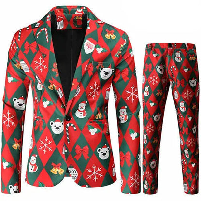 Red Printed Two-piece Men's Christmas Suit (Jacket + Pants) Stylish Male Blazer Coat with Trousers Black Green Blue S-4XL Good Vibrations