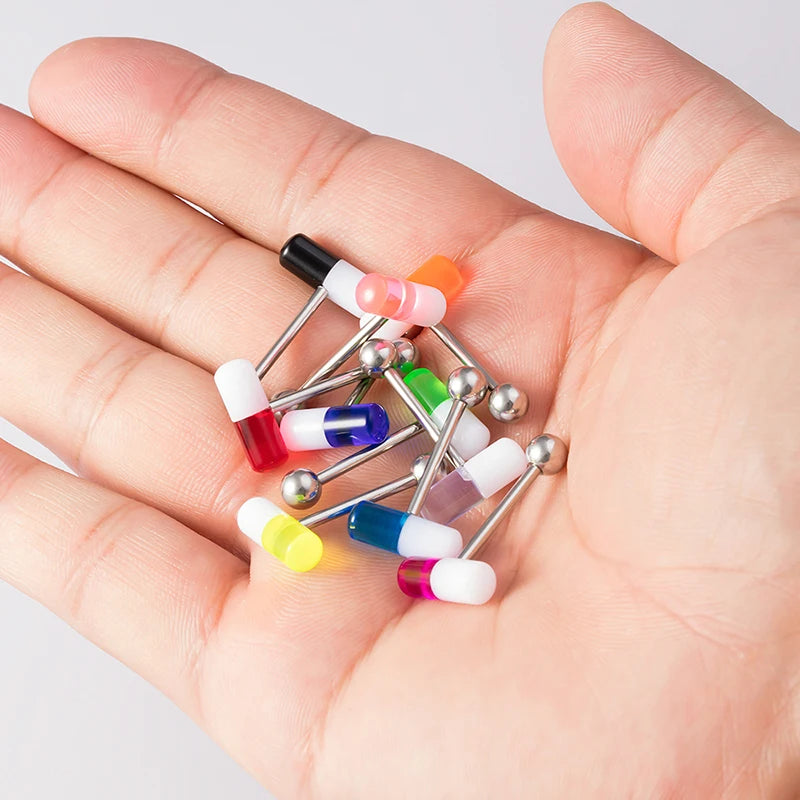 1-10 Pieces Colorful Capsule Tongue Rings Acrylic Pill Tongue Piercing Jewelry Women Surgical Steel Tongue Ring Bars Barbell 14G Good Vibrations