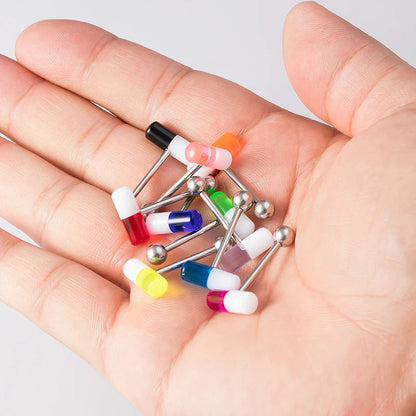 1-10 Pieces Colorful Capsule Tongue Rings Acrylic Pill Tongue Piercing Jewelry Women Surgical Steel Tongue Ring Bars Barbell 14G Good Vibrations