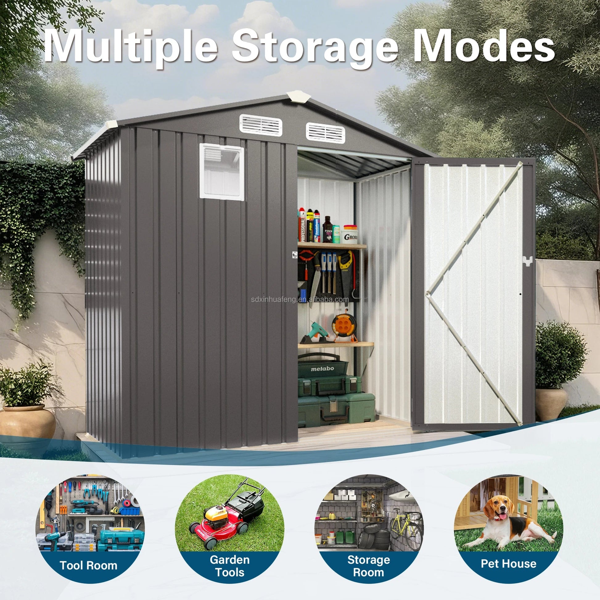 6*3.5FT Free Ship Instock  Warehouse Metal Outdoor Storage Shed with Pitched Roof Waterproof with Front  Window and Hinged  Door Good Vibrations