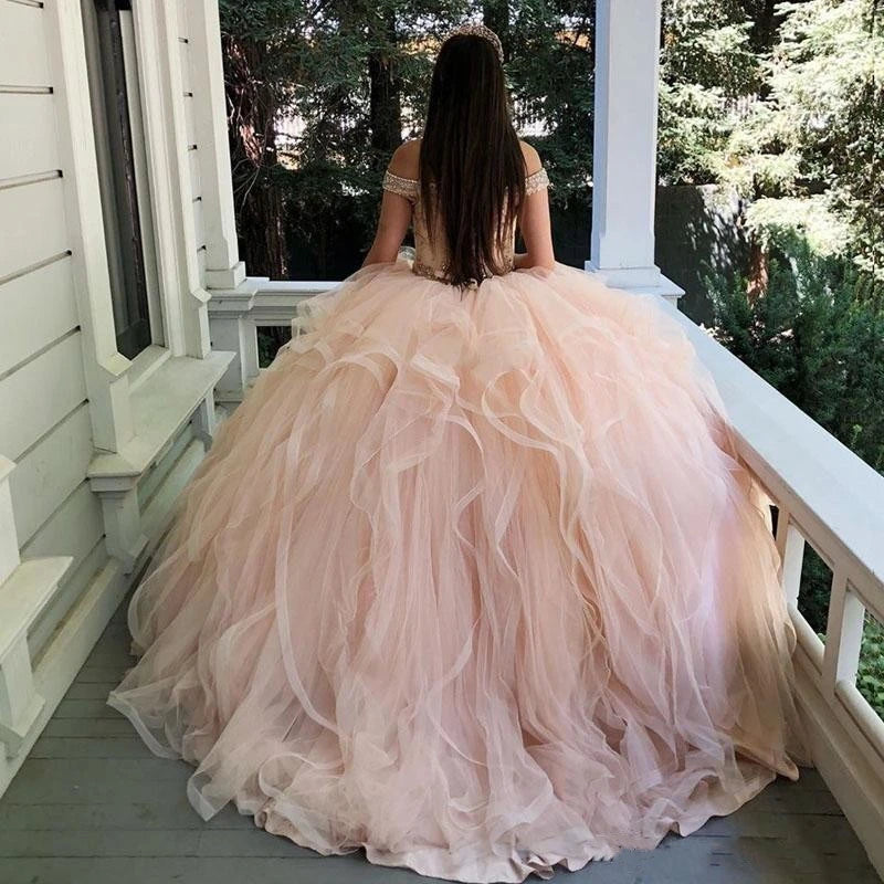 QD1571 Light Pink Short Sleeve Quinceanera Dresses Sweet 15 Princess Ball Gown 2025 Lace Sequined Beads Tiered Pageant Party Good Vibrations