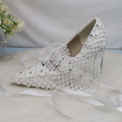 BaoYaFang New Arrival Thick Heel Pointed Toe Womens Wedding Shoes High Heels ladies fashion shoes woman White Lace ankle strap Good Vibrations