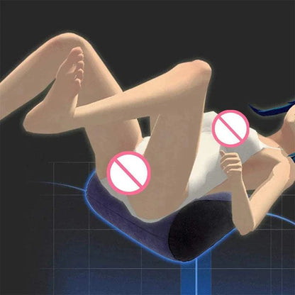 Inflatable adult wedge cushion for intimate positions and games.
