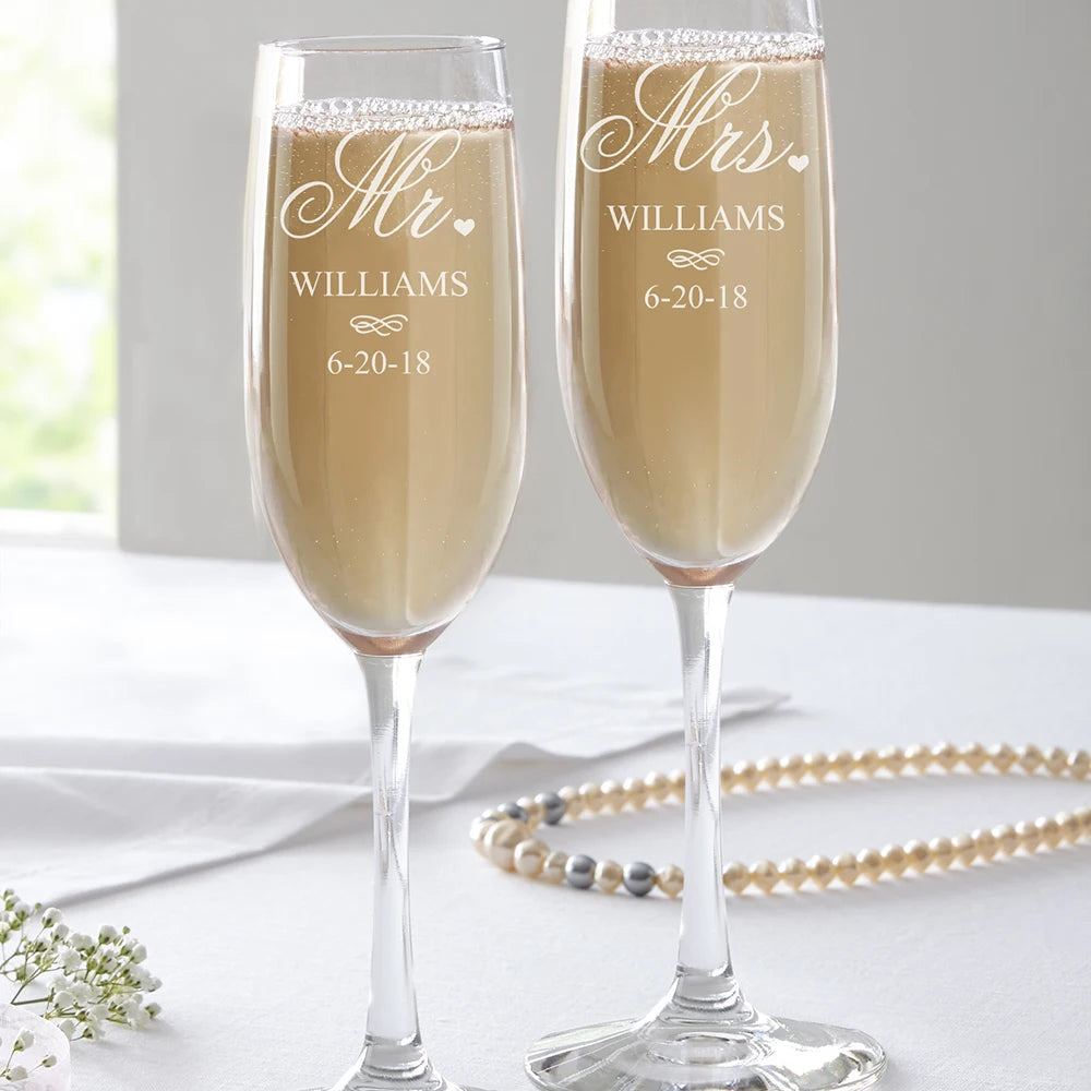 Personalized Champagne Flute Wedding Party Mr and Mrs Champagne Glasses Anniversary Gift for Couple New Years Celebration Good Vibrations