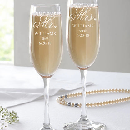 Personalized Champagne Flute Wedding Party Mr and Mrs Champagne Glasses Anniversary Gift for Couple New Years Celebration Good Vibrations
