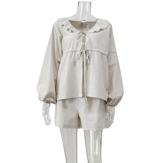Enyami Linen Rayon Vintage Casual Tie Front Peplum Tops Long Lantern Sleeve Ruffle Trim Loose Shirt Blouse Shorts Women Set Good Vibrations