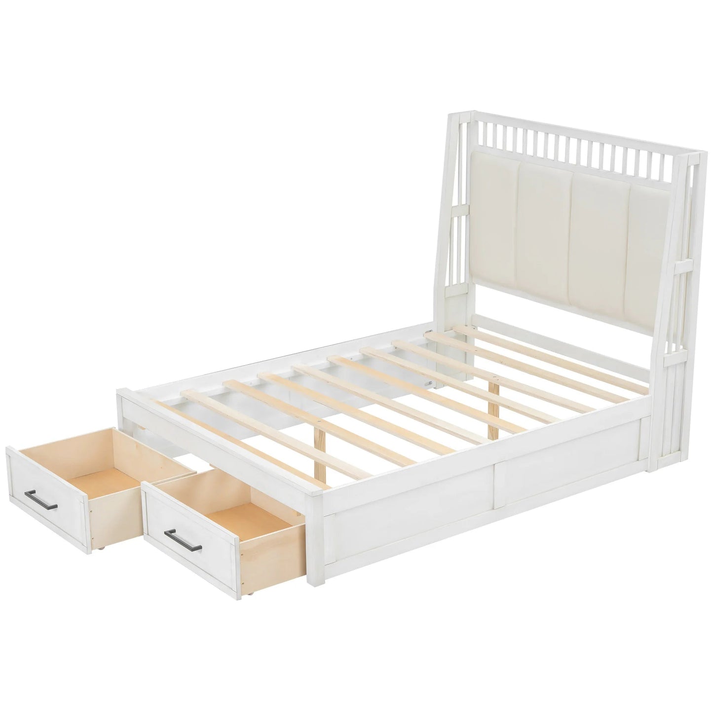 White Upholstered Wood Platform Bed with Headboard and 2 Drawers Good Vibrations