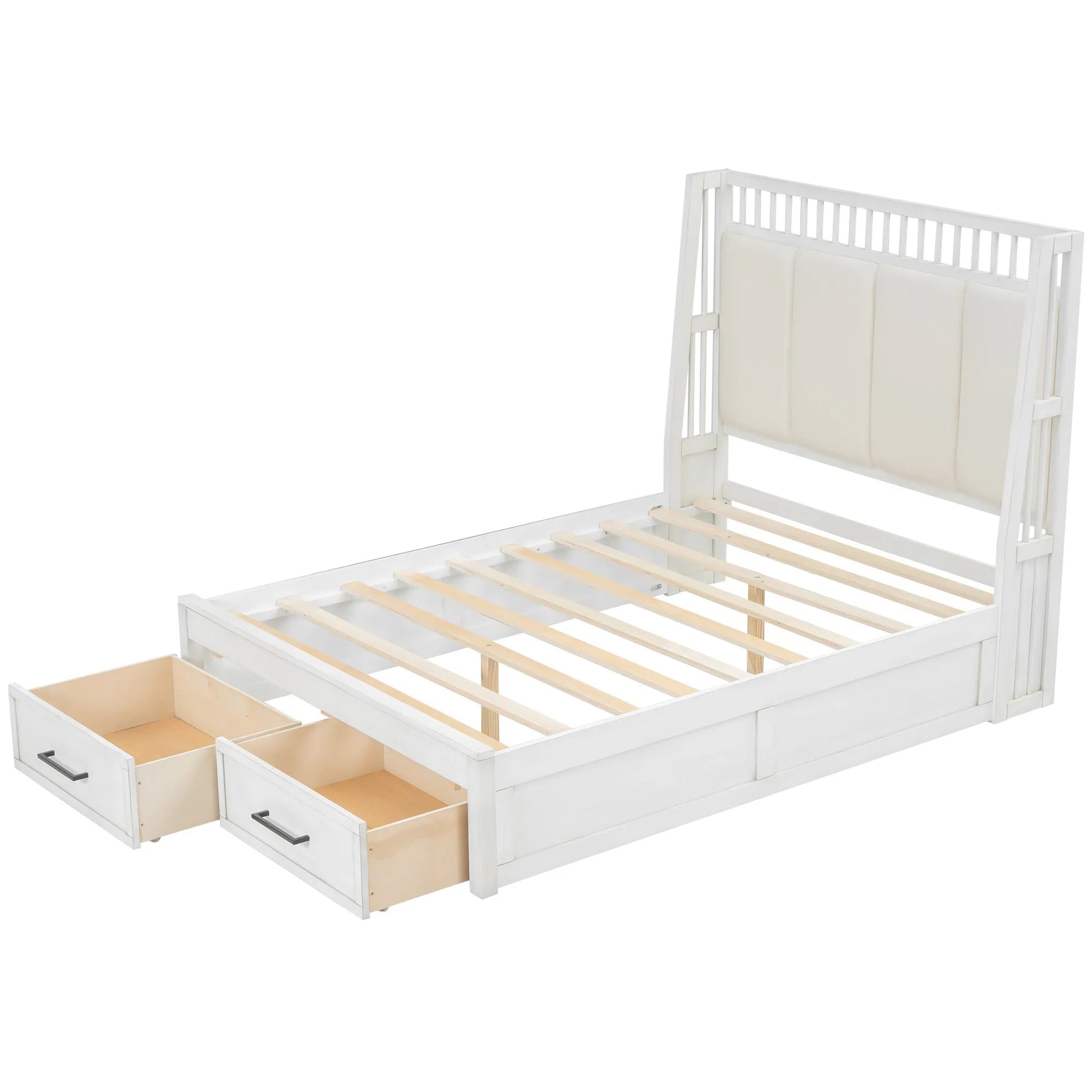 White Upholstered Wood Platform Bed with Headboard and 2 Drawers Good Vibrations