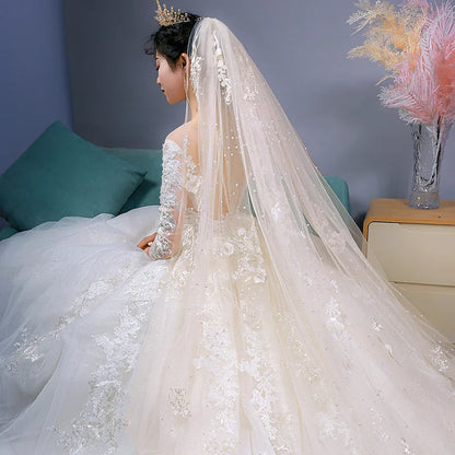 Feishiluo Luxury One-Layer 350 cm Long Cathedral Full Flower Lace Wedding Veil Comb Bead Diamond Bridal Veil Good Vibrations